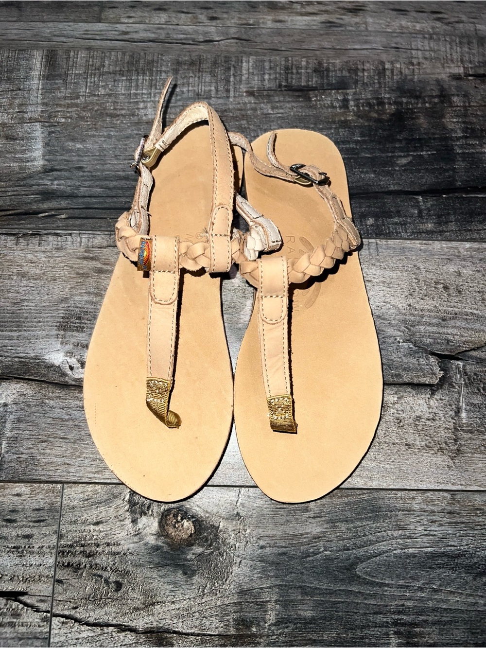 Rainbow Tan Braided T‑Strap Sandals size small
